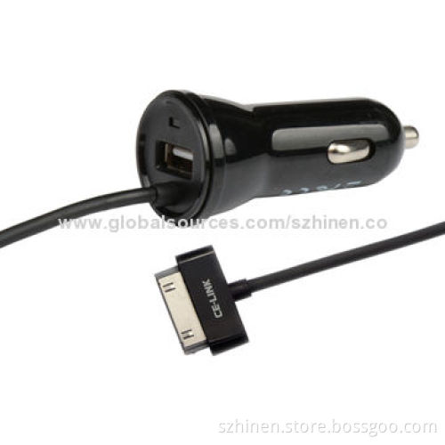 1 + 2.4A Output USB A/F Port Car Charger with 30-pin/Lightning/Micro USB Connector